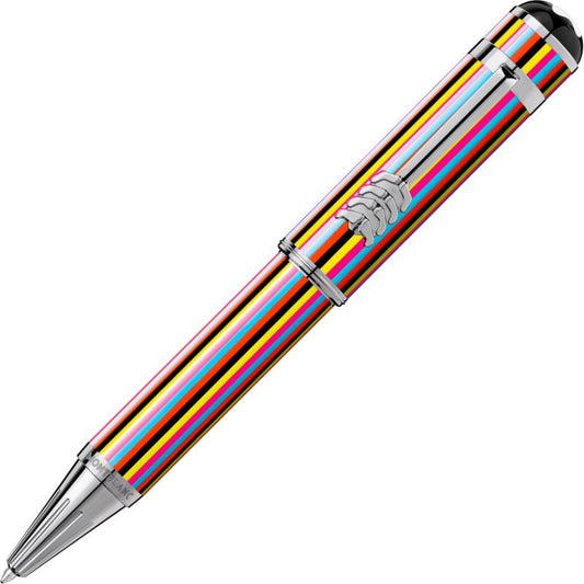 Explore the Montblanc Great Characters The Beatles Special Edition Ballpoint Pen, featuring silver accents and a striking pattern of vertical stripes in red, yellow, blue, and black. With its shiny silver tip and embossed emblem on the cap, this Montblanc writing instrument is perfectly crafted to showcase its distinctive charm.