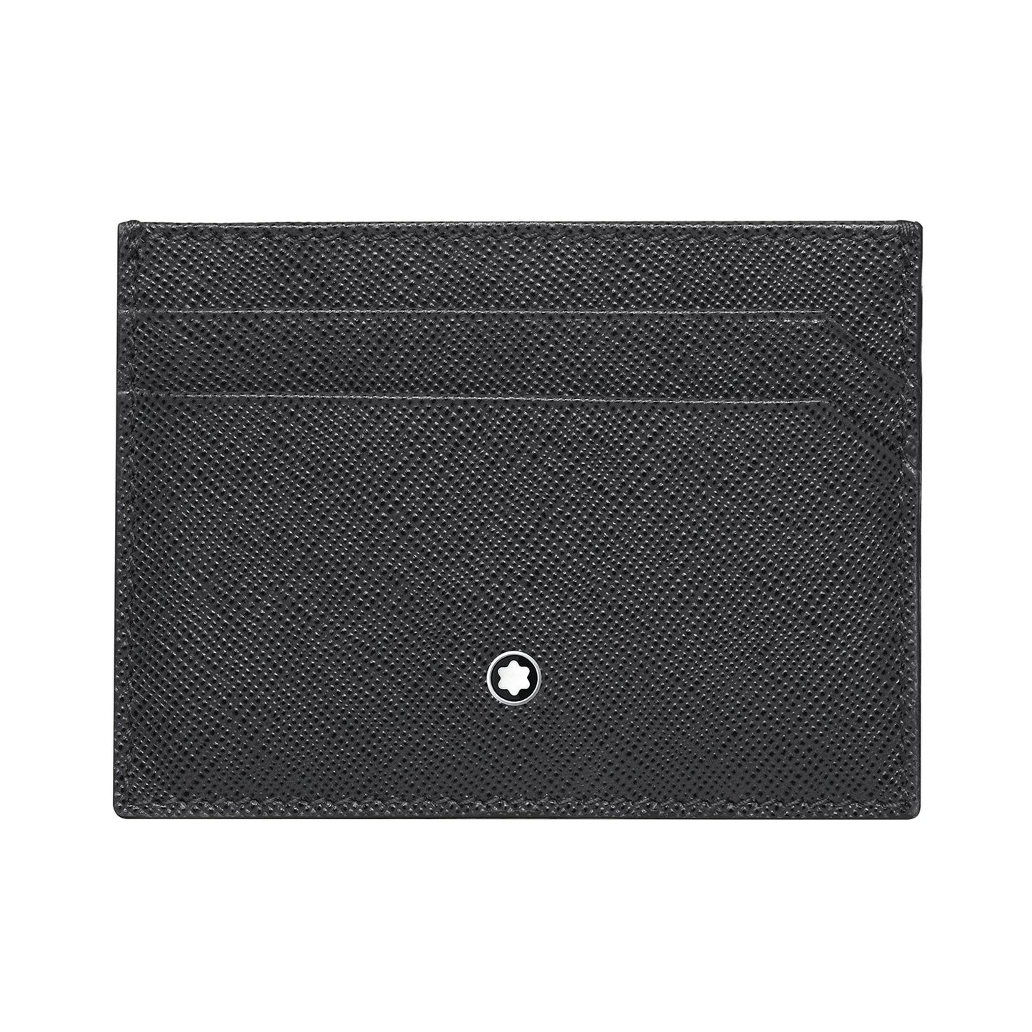 The Montblanc Sartorial Pocket 5cc Card Holder is a black textured leather accessory made from full-grain calfskin, adorned with a small white star emblem at its center. This design by Montblanc includes two horizontal card slots with a subtle saffiano print finish.