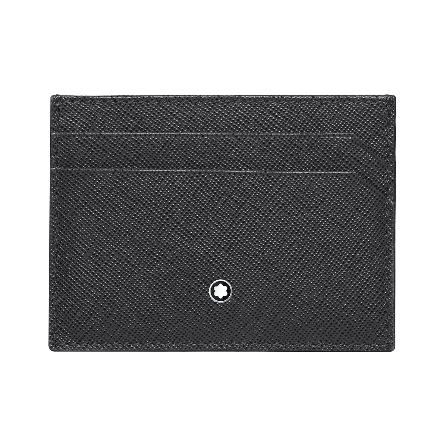 The Montblanc Sartorial Pocket 5cc Card Holder is a black textured leather accessory made from full-grain calfskin, adorned with a small white star emblem at its center. This design by Montblanc includes two horizontal card slots with a subtle saffiano print finish.