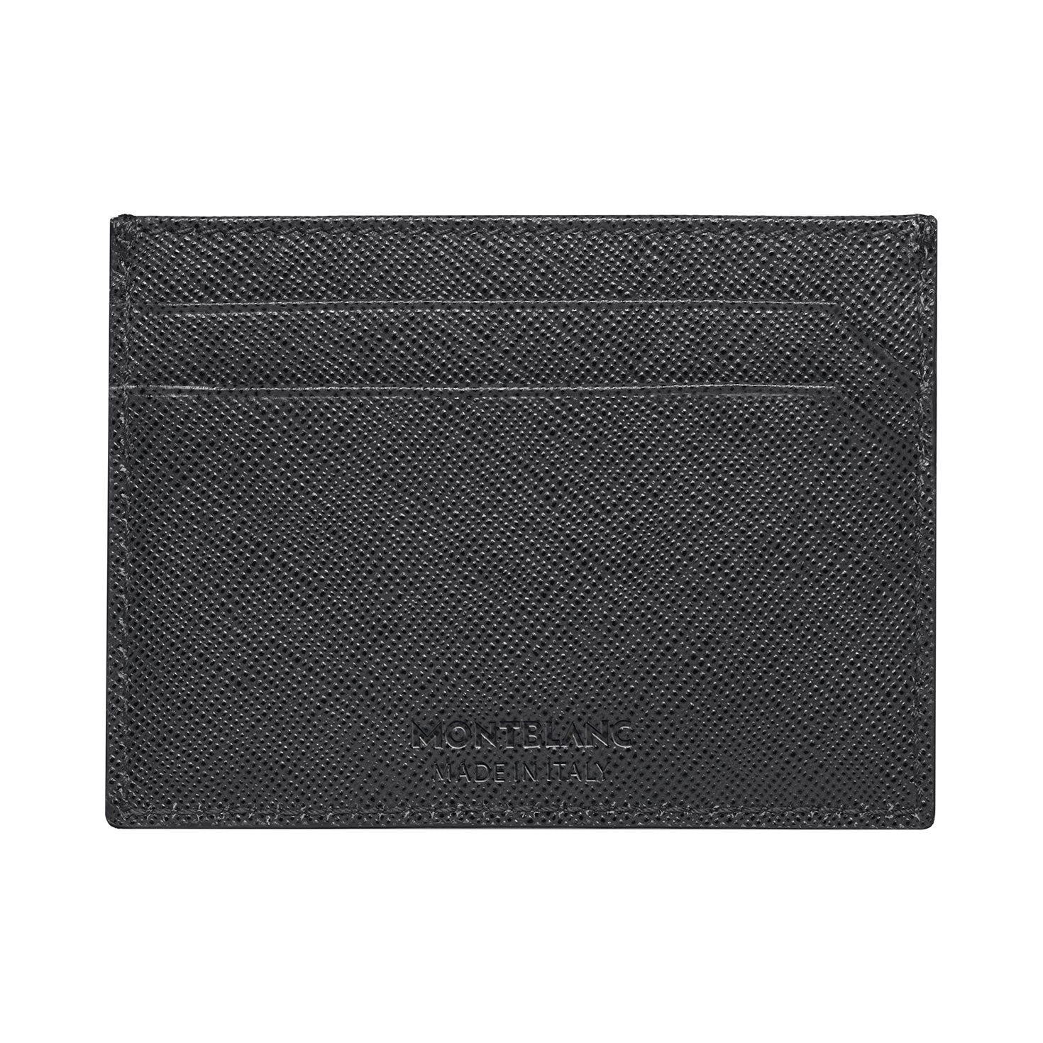 The Montblanc Sartorial Pocket 5cc Card Holder, crafted by Montblanc, is a black textured leather cardholder with a saffiano print. It features two horizontal card slots and has "Montblanc Made in Italy" embossed at the bottom.