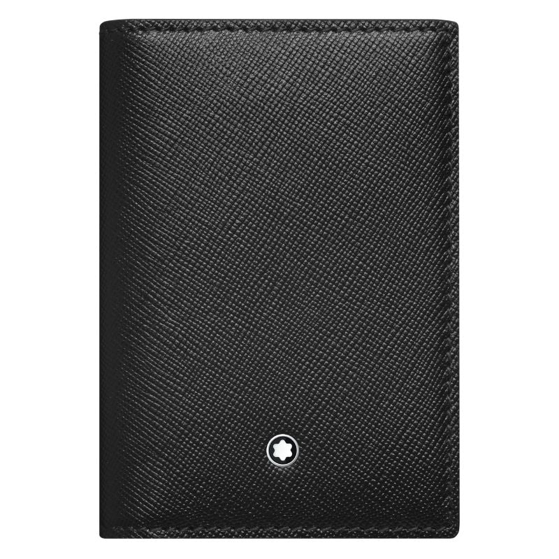 A black Saffiano leather business card holder with a textured finish and a small white star emblem in the center, reminiscent of the Montblanc Sartorial Leather Business Card Holder with Gusset.