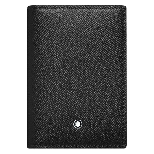A black Saffiano leather business card holder with a textured finish and a small white star emblem in the center, reminiscent of the Montblanc Sartorial Leather Business Card Holder with Gusset.
