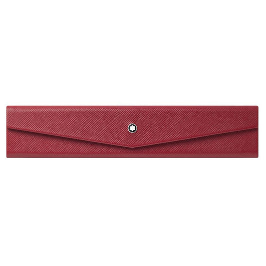 A stylish, rectangular Montblanc Red Sartorial Leather Pen Pouch crafted from Saffiano leather with a textured design and flap closure. It showcases a small star emblem within a circular frame on the front, capturing the elegant essence of the Montblanc Sartorial collection.