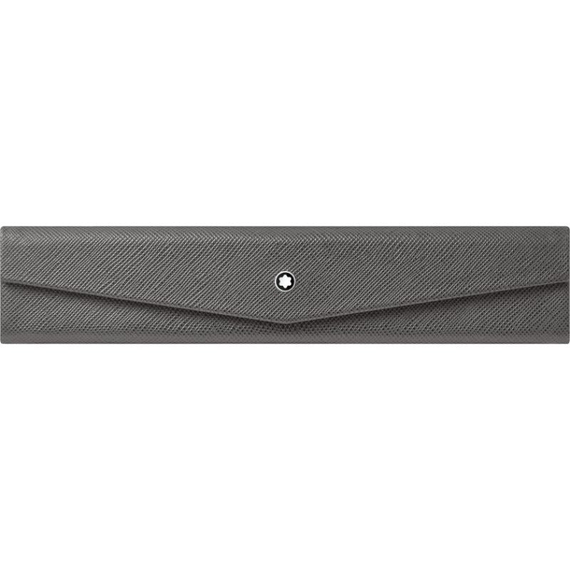 Luxurious gray case crafted from Saffiano leather with a textured finish, featuring a small, round emblem adorned with a white star. Ideal as the Montblanc Sartorial Leather Single Pen Pouch.