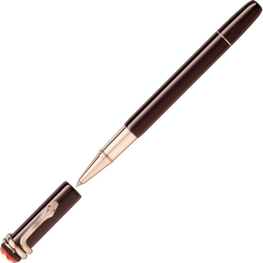 Discover the Montblanc Heritage Rouge & Noir Special Edition Rollerball Pen, a sophisticated writing instrument in black and gold featuring an open cap. This professional pen boasts a finely detailed snake emblem, embodying refined elegance ideal for any professional setting.