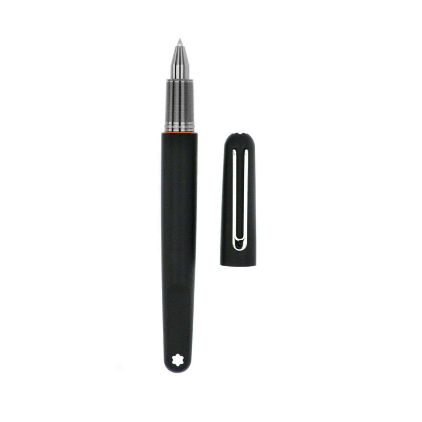 The Montblanc M Ultra Black Ballpoint Pen, featuring a sleek silver tip and its cap set beside it, is elegantly displayed against a simple white background.