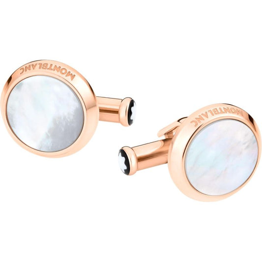 Montblanc Meisterstuck Cufflinks showcase round mother-of-pearl inlays and the signature Montblanc branding, featuring a sleek and polished finish that highlights their luxurious and elegant style.