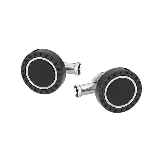 Montblanc Meisterstuck cufflinks in a silver and black round design, featuring "Montblanc" engraved around the edges and a central black onyx inlay.
