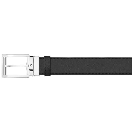 A reversible leather belt by Montblanc featuring a black color and a shiny palladium-coated buckle, displayed on a white background.