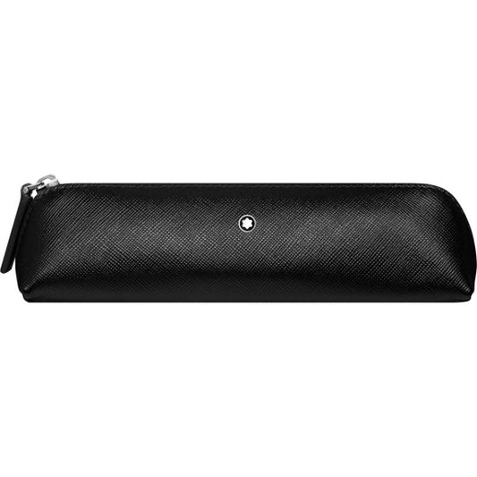 The Montblanc Sartorial Black Leather Pen Pouch is a sleek black Saffiano leather case featuring a small metal emblem on the front. It boasts a textured finish and zipper closure, blending style with functionality.