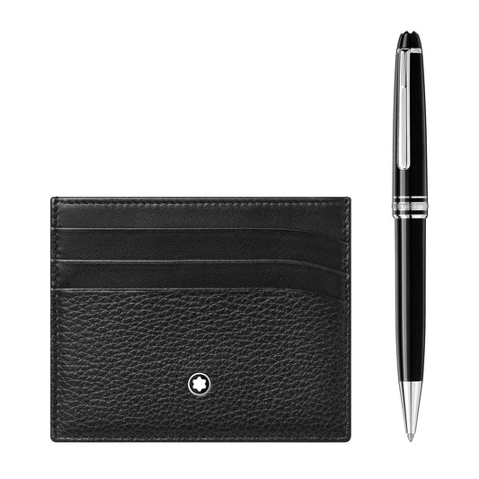 The Montblanc StarWalker Platinum Fineliner and Westside Wallet 6 CC Set features a black leather men's wallet with three card slots, adorned with a small circular emblem on the front. Accompanying it is the Montblanc StarWalker fineliner pen, showcasing a sleek black and silver finish, elegantly positioned vertically.