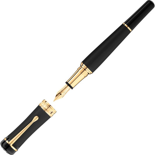 A sleek Montblanc Bonheur Nuit Fountain Pen, made from precious resin, with the cap detached and positioned adjacent. The pen boasts a gold nib and decorative bands, showcasing a timeless and sophisticated design.