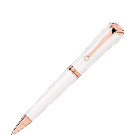 A sleek, elegant Montblanc Muses Marilyn Monroe Special Edition Pearl Ballpoint Pen with a white body and rose gold accents, reminiscent of a style icon's timeless charm, featuring a smooth clip and tapered tip.