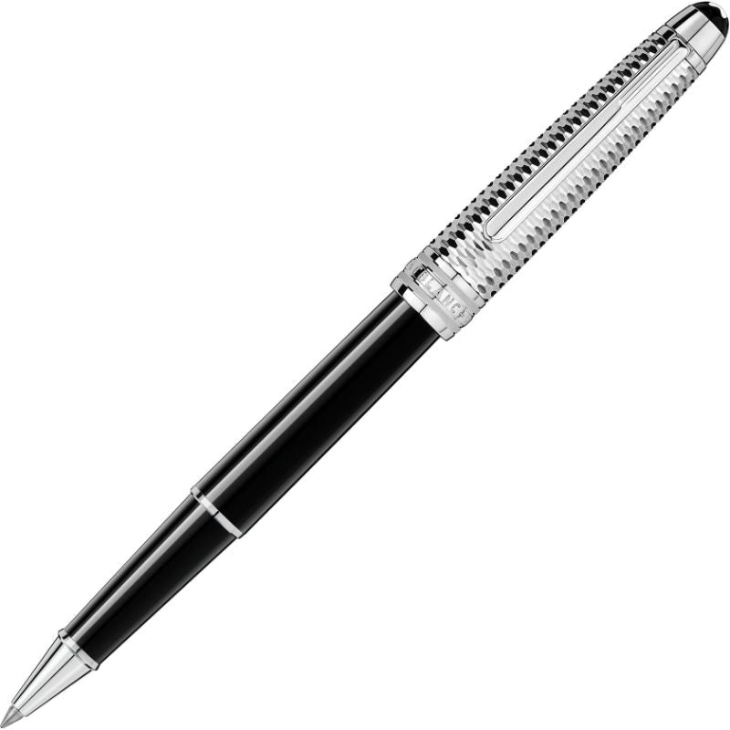 The Montblanc Meisterstuck Doue Geometry Classique Rollerball Pen showcases a sophisticated black and silver design, highlighted by a textured grip and a shiny clip, elegantly set against a plain white backdrop.