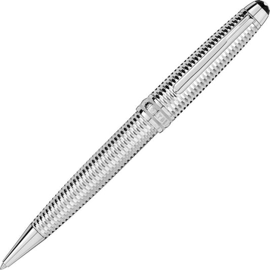 The Montblanc Meisterstuck Geometry Solitaire Midsize Ballpoint Pen is a platinum-coated writing instrument with an intricately textured body and a shiny finish. It features a sleek clip and has a symmetrical design, displayed diagonally against a white background.