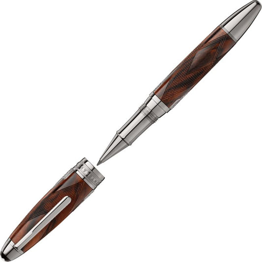 The Montblanc Meisterstuck Great Masters James Purdey & Sons Rollerball Pen is a sophisticated writing instrument with a polished metal body and detailed brown wooden inlay, reflecting the craftsmanship of James Purdey & Sons. It is designed with a side cap and modern touches, including chrome accents and an elegant clip on the cap.