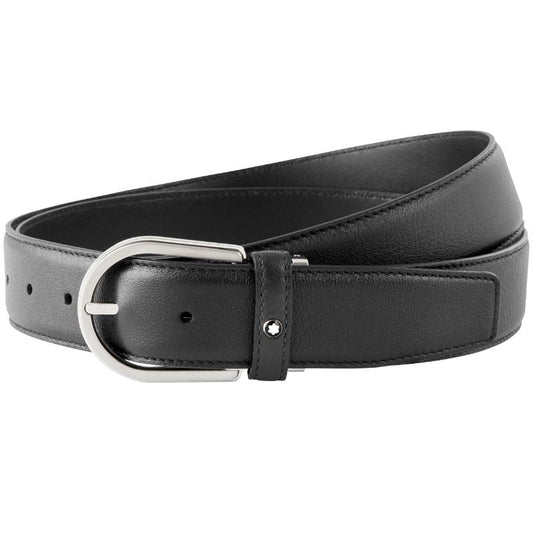 A coiled Montblanc Business Leather Belt, featuring a plain gray leather strap with a stainless steel pin buckle, rests on a white background. This minimalist Montblanc accessory showcases small, evenly spaced holes along its length for a sleek design.