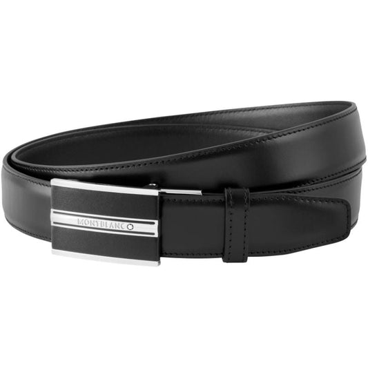 The Montblanc Business Leather Belt features a sleek black leather strap with a stainless steel buckle that prominently displays the Montblanc logo. It is coiled in the foreground and equipped with a sophisticated sliding mechanism for an optimal fit.
