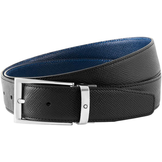 The Montblanc Reversible Leather Belt showcases a sleek black textured leather exterior paired with a polished silver buckle, while the interior features a stylish contrasting blue lining, enhancing its sophistication and elegance.