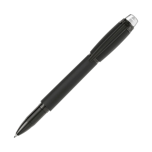 A sleek Montblanc Starwalker Ultra Black Fineliner Pen in black, featuring a glossy finish and silver accents, is depicted against a white background. It boasts a tapered tip with a clip attached to the cap, highlighted by the iconic Montblanc emblem.