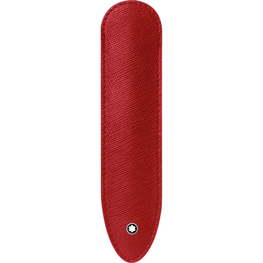 The Montblanc Sartorial Single Writing Instrument Sleeve is a red accessory crafted from Saffiano leather, featuring a textured yet smooth surface. It has a rounded top with a tapered bottom and displays a small white emblem near the base.