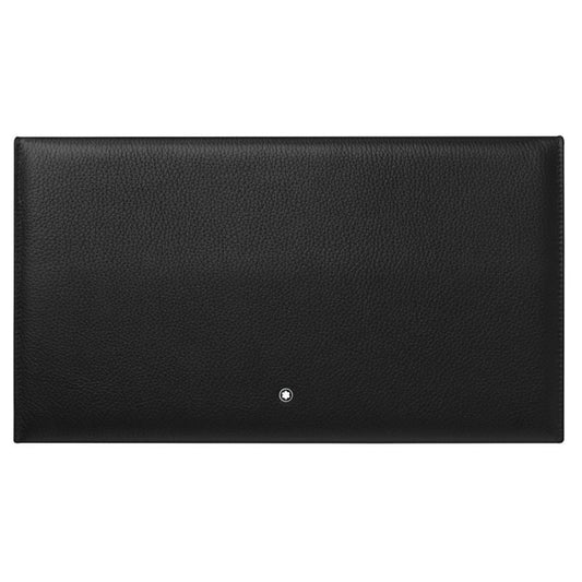 Montblanc's Meisterstück Soft Grain Black Leather Pen Pouch features a minimalist design with a small round silver emblem in the center, evoking the sleek elegance of their renowned collection.