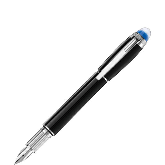 The Montblanc StarWalker Fountain Pen, a sleek black writing instrument, boasts elegant silver accents and features a gold nib with a blue-tipped cap, all highlighted against a white background.