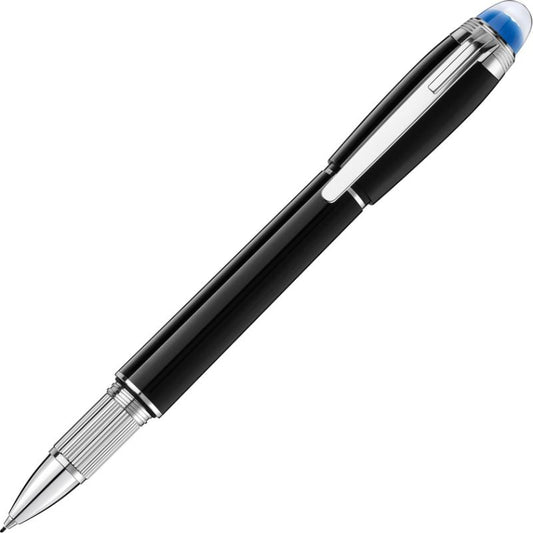 A Montblanc StarWalker Fineliner Pen, made from luxurious black precious resin and adorned with silver accents and a blue tip, is elegantly displayed diagonally on a white background.