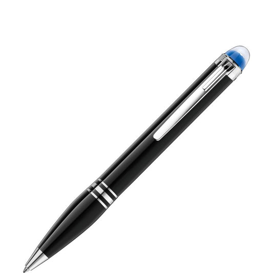 The Montblanc StarWalker Ballpoint Pen, featuring a sleek black design with silver accents and a blue-tipped stylus reminiscent of space exploration, is showcased diagonally against a white background.