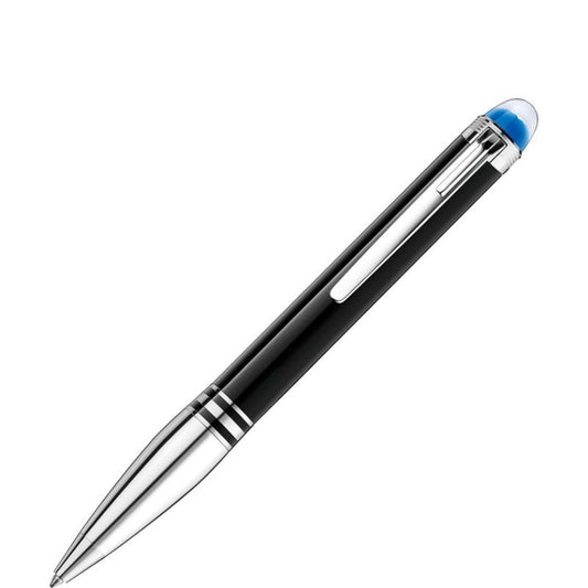 The Montblanc StarWalker Doue Ballpoint Pen is a sophisticated writing instrument crafted from black precious resin with a sleek black and silver design. It features a clip and a blue-tipped stylus at one end, accentuated by platinum-coated details and two silver bands near the tip, embodying Montblanc's elegance against a plain white background.