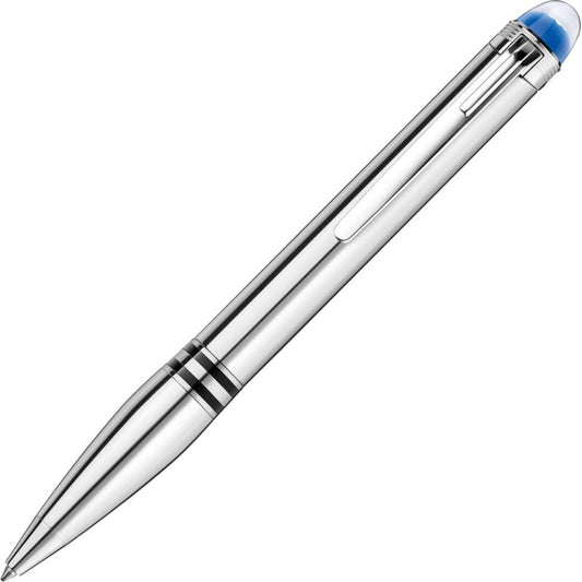 A sleek Montblanc StarWalker ballpoint pen with a silver body and a shiny metallic finish, featuring a small blue tip on the click mechanism. This writing instrument boasts platinum-coated details near the tip and clip, exuding elegance reminiscent of its design, all showcased against a plain white background.