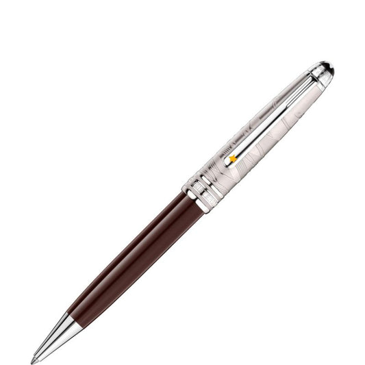 The Montblanc Meisterstück Le Petit Prince Doue Classique Ballpoint Pen, in an elegant silver and brown design, showcases detailed engravings on the barrel that capture the enchanting essence of Le Petit Prince. Featuring a shiny metal clip and a pointed tip, this pen is the ideal writing instrument for any occasion.
