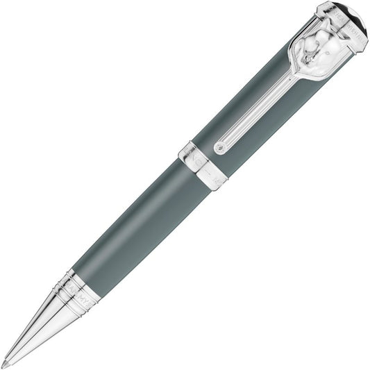 Introducing the Montblanc Writers Edition Homage to Rudyard Kipling Limited Edition Ballpoint Pen, featuring a sleek metallic gray barrel with silver accents. The intricate design clip elegantly pays homage to Kipling's Jungle Book with its figurine. The pen shines with a polished, tapered tip and impeccable finish.