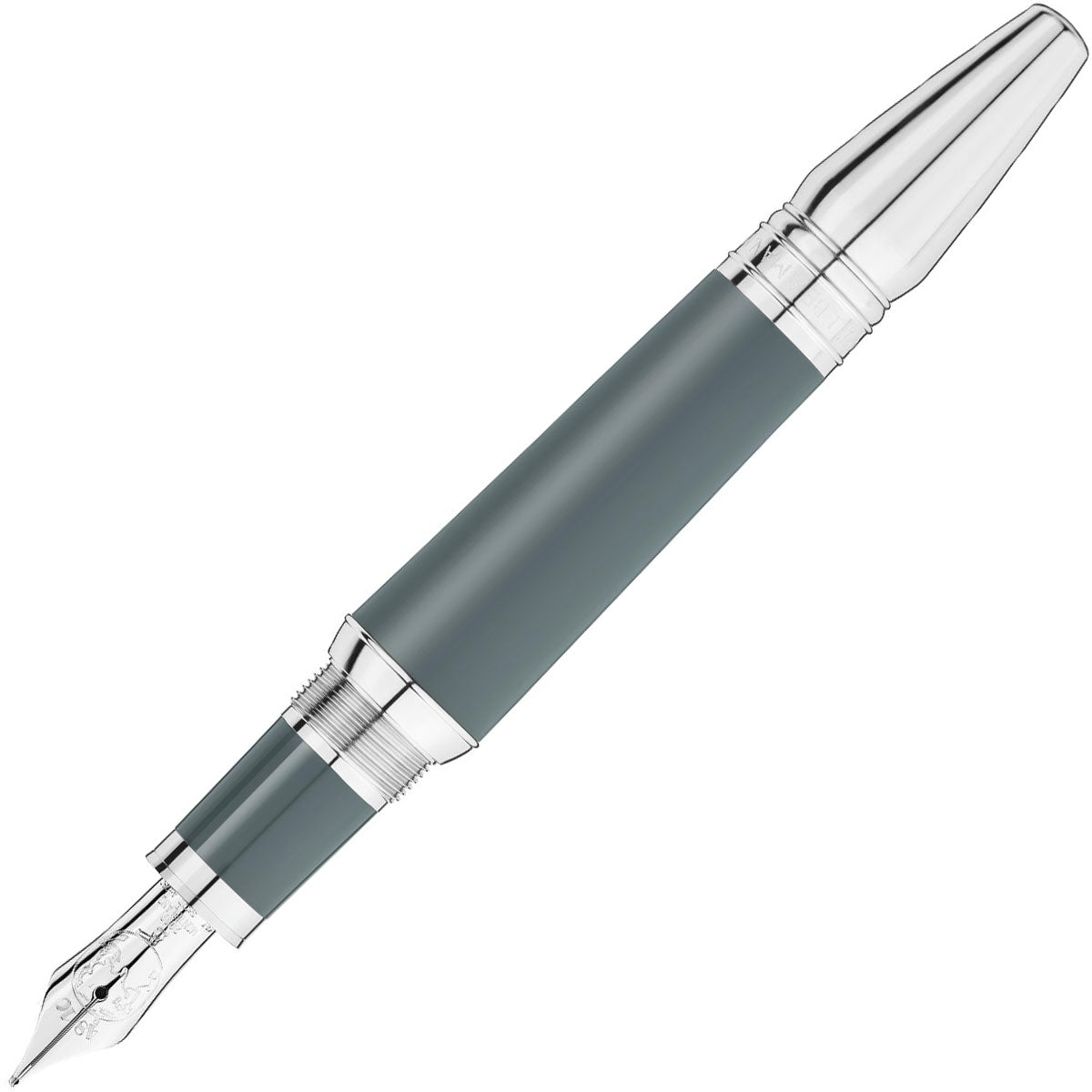 A stylish Montblanc Writers Edition Homage To Rudyard Kipling Limited Edition fountain pen, featuring a gray design with silver accents and a polished nib, set against a white background.