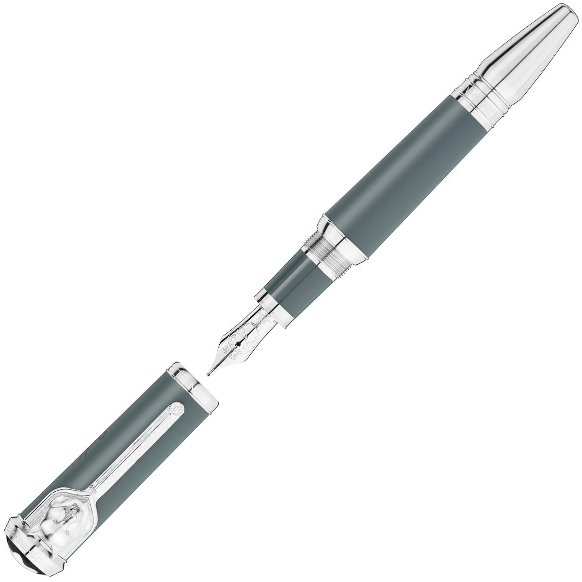 The Montblanc Writers Edition Homage To Rudyard Kipling Limited Edition Fountain Pen is a classic gray, accented with silver details. With its cap removed and placed beside it, the pen reveals an intricately designed silver nib and boasts an elegant clip on the cap, reminiscent of the iconic Montblanc Writers Edition.