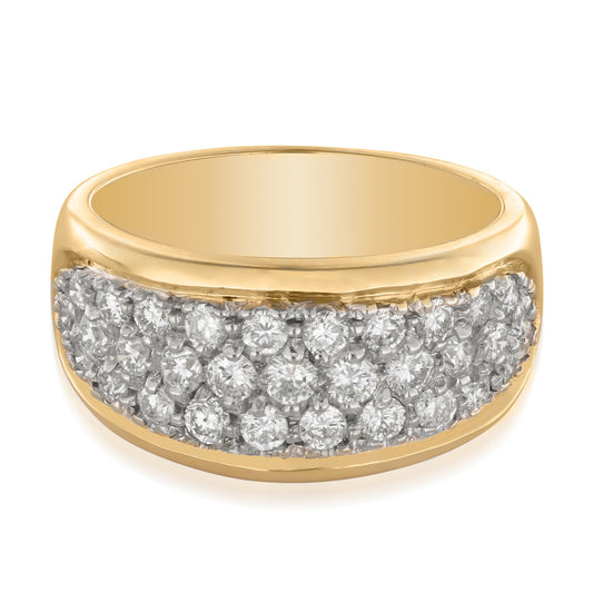 The Raffi&Co.® 14K White and Yellow Gold Diamond Anniversary Ring showcases a wide band crafted from 14K gold, embellished with numerous small, sparkling diamonds beautifully clustered at the center.