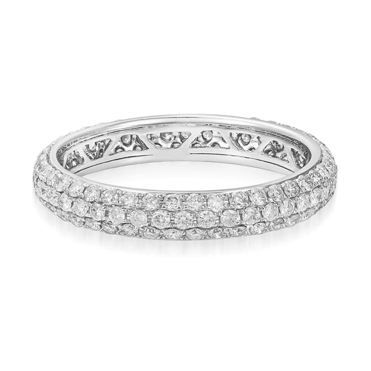 The Raffi&Co.® 14K White Gold Diamond Anniversary Ring exudes elegance with three rows of small, round diamonds. Its intricate inner patterned cutouts and polished finish highlight the luxurious brilliance of this Raffi&Co design.