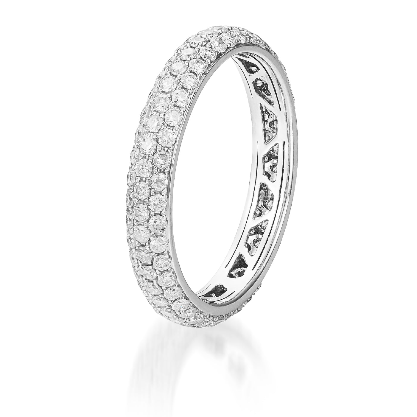 The Raffi&Co.® 14K White Gold Diamond Anniversary Ring elegantly stands upright, displaying its shimmering rows of small, round diamonds and intricate inner details on a simple white backdrop.