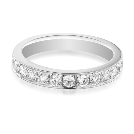 A Raffi&Co.® 14K White Gold Diamond Anniversary Ring displays round-cut diamonds set along the top half of the band, captured from an angled perspective on a white background. This ring highlights its stunning design and brilliance with SI-VS clarity.