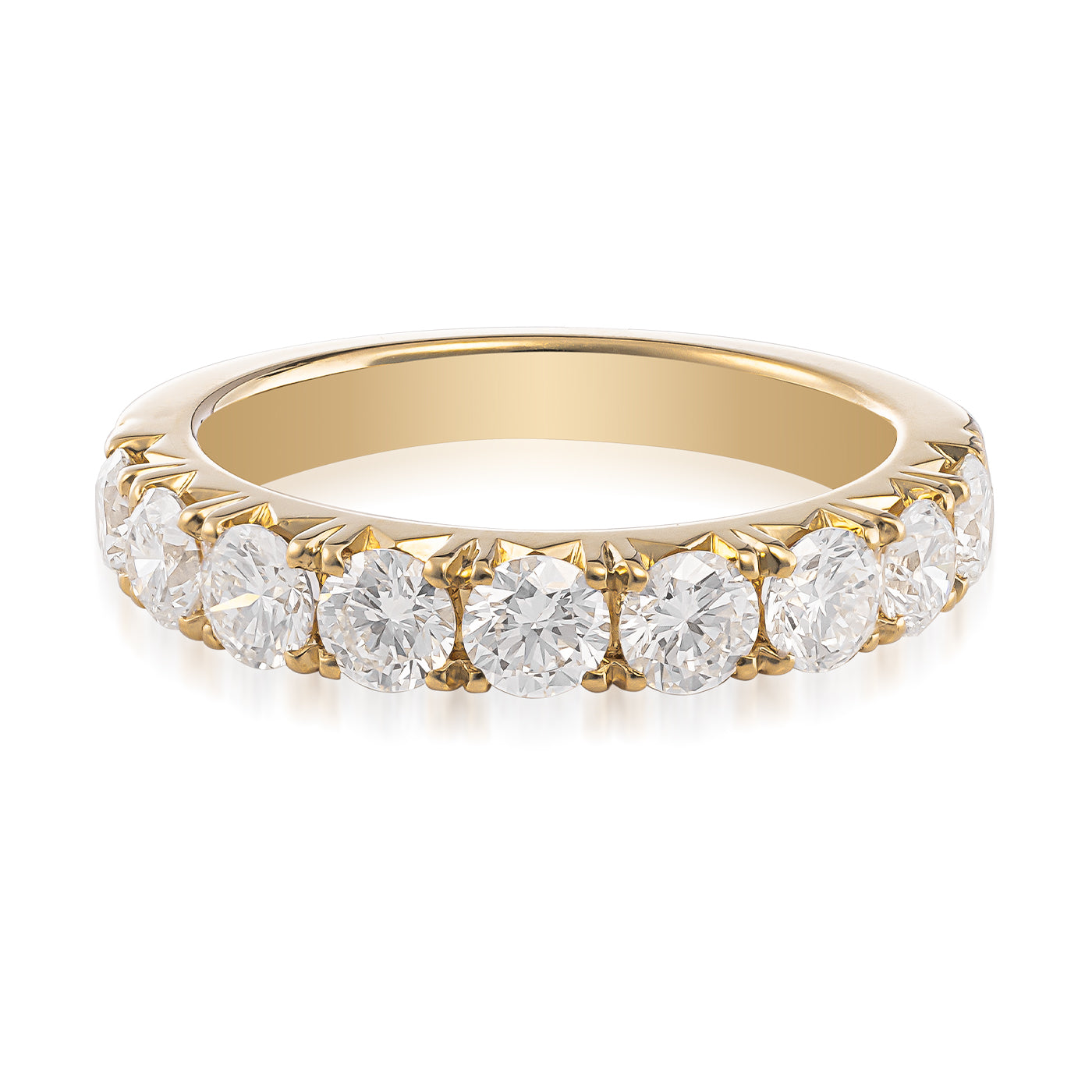 The Raffi&Co.® 18K Yellow Gold Round Brilliant Diamond Anniversary Ring showcases a row of round, brilliant-cut diamonds elegantly set along the top half, accentuating its sophisticated and luxurious look. This exquisite piece is crafted in 18K yellow gold and is beautifully displayed on a white background.