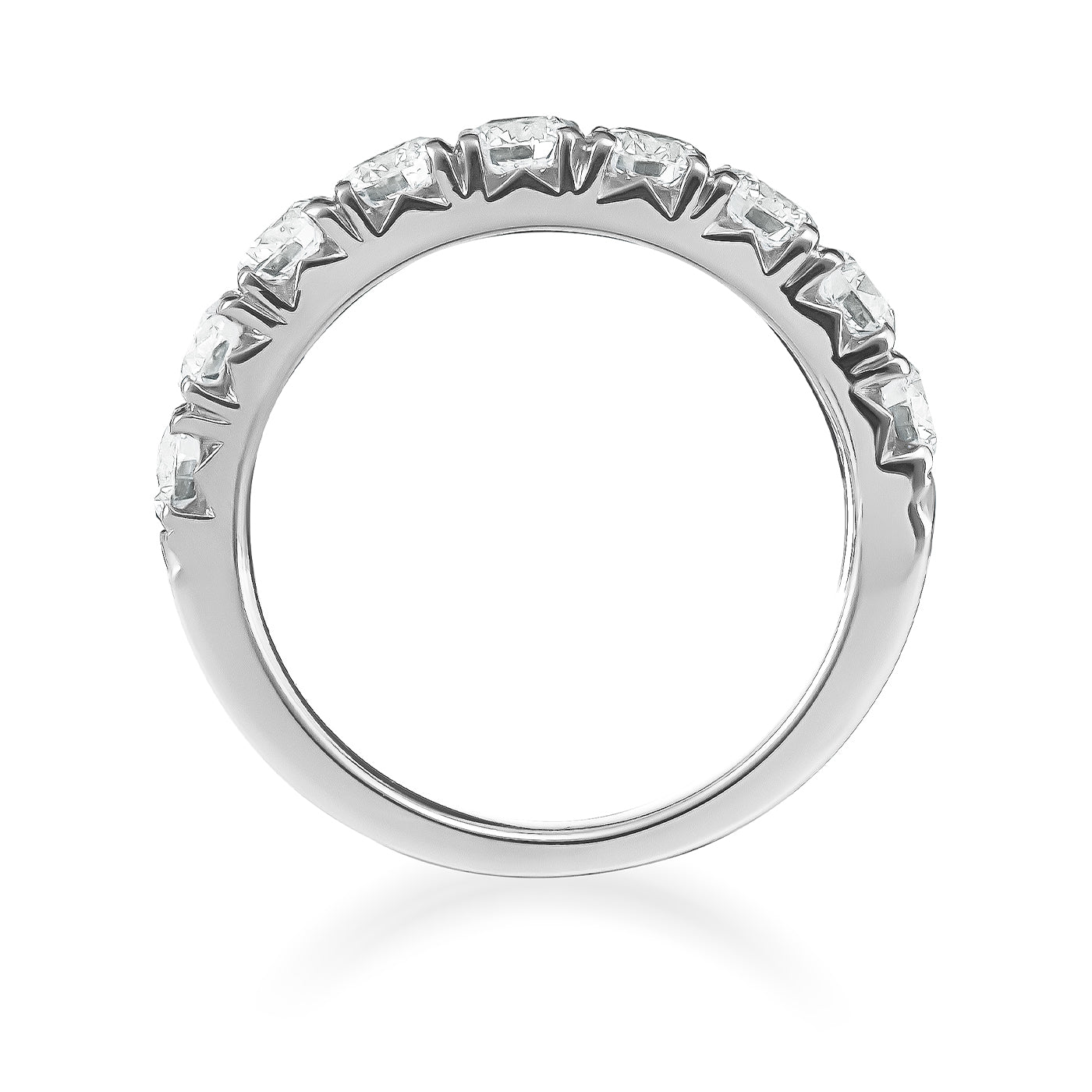 The Raffi&Co.® 18K White Gold Round Brilliant Diamond Anniversary Ring is showcased upright against a white background, highlighting its exquisite stone settings and lustrous diamonds along the band.