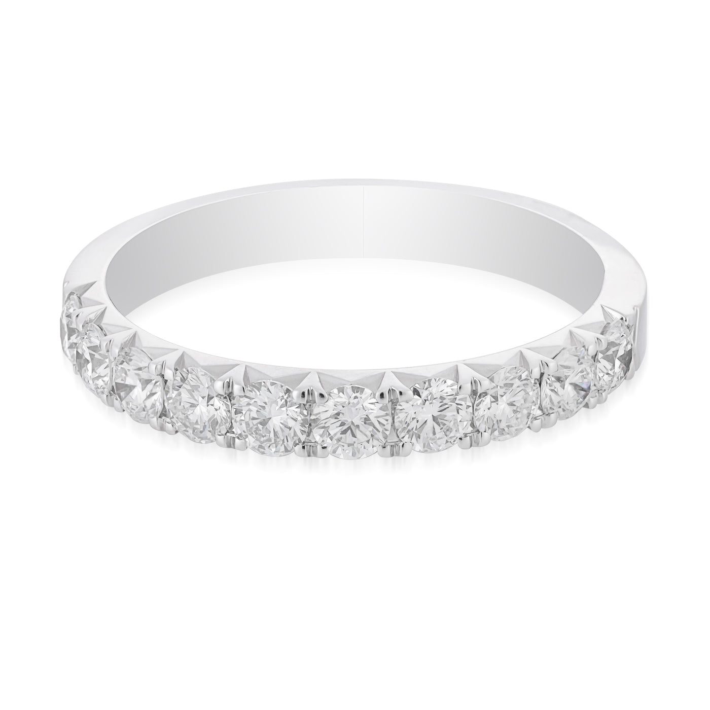 The Raffi&Co.® 18K White Gold Round Brilliant Diamond Anniversary Ring features a silver band embellished with a row of round brilliant diamonds along its top half. The design is simple and elegant, crafted from 18K white gold to highlight the brilliance of the stones against a plain white background.