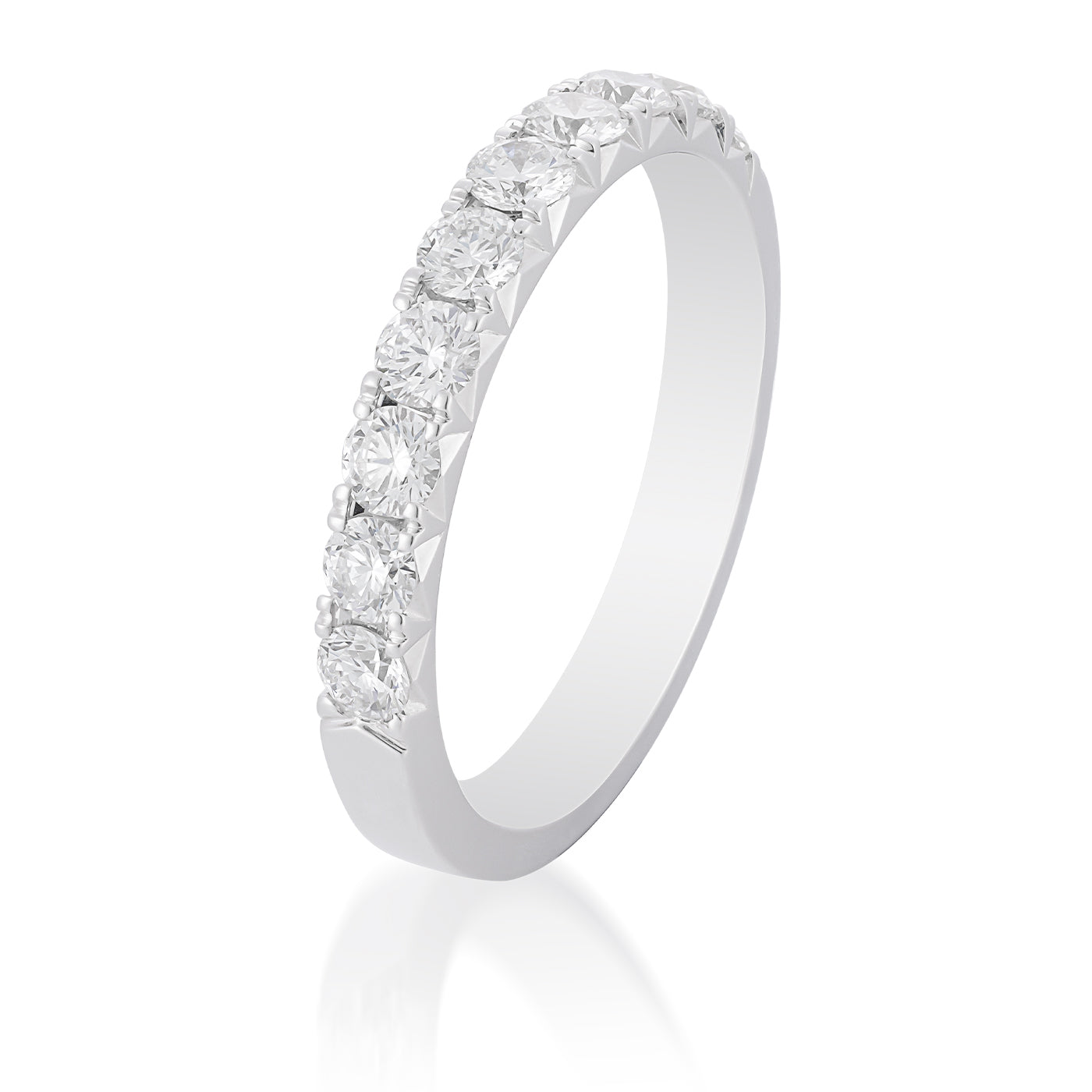 The Raffi&Co.® 18K White Gold Round Brilliant Diamond Anniversary Ring features a modern and elegant design with a smooth, sleek band adorned with a row of round brilliant diamonds set across the top half, brilliantly reflecting light against the plain white background.