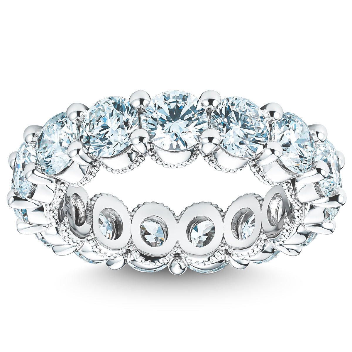 The Raffi&Co.® Signature 14K White Gold Round Brilliant Diamond Anniversary Ring showcases intricate detailing with large, round-cut diamonds around the band, offering a reflective sparkle.