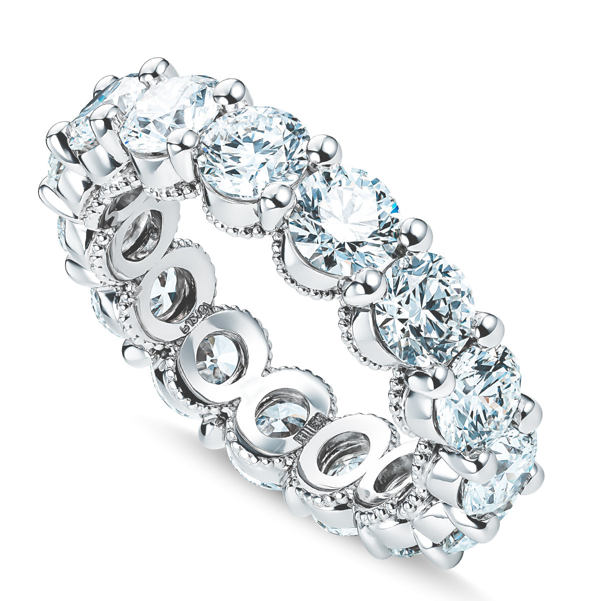 The Raffi&Co.® Signature 14K White Gold Round Brilliant Diamond Anniversary Ring features a band adorned with multiple round-cut diamonds, creating a dazzling sparkle as light reflects off its surface.