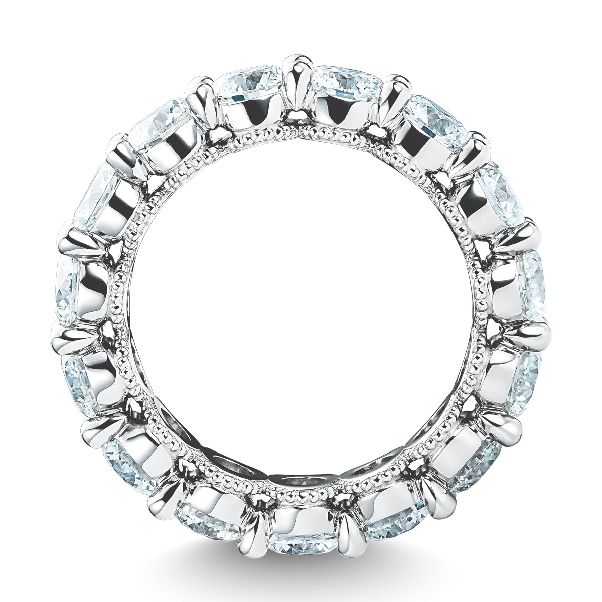 The Raffi&Co.® Signature 14K White Gold Round Brilliant Diamond Anniversary Ring is displayed against a white backdrop, highlighting its circular design and uniformly set light blue gemstones that sparkle brilliantly.