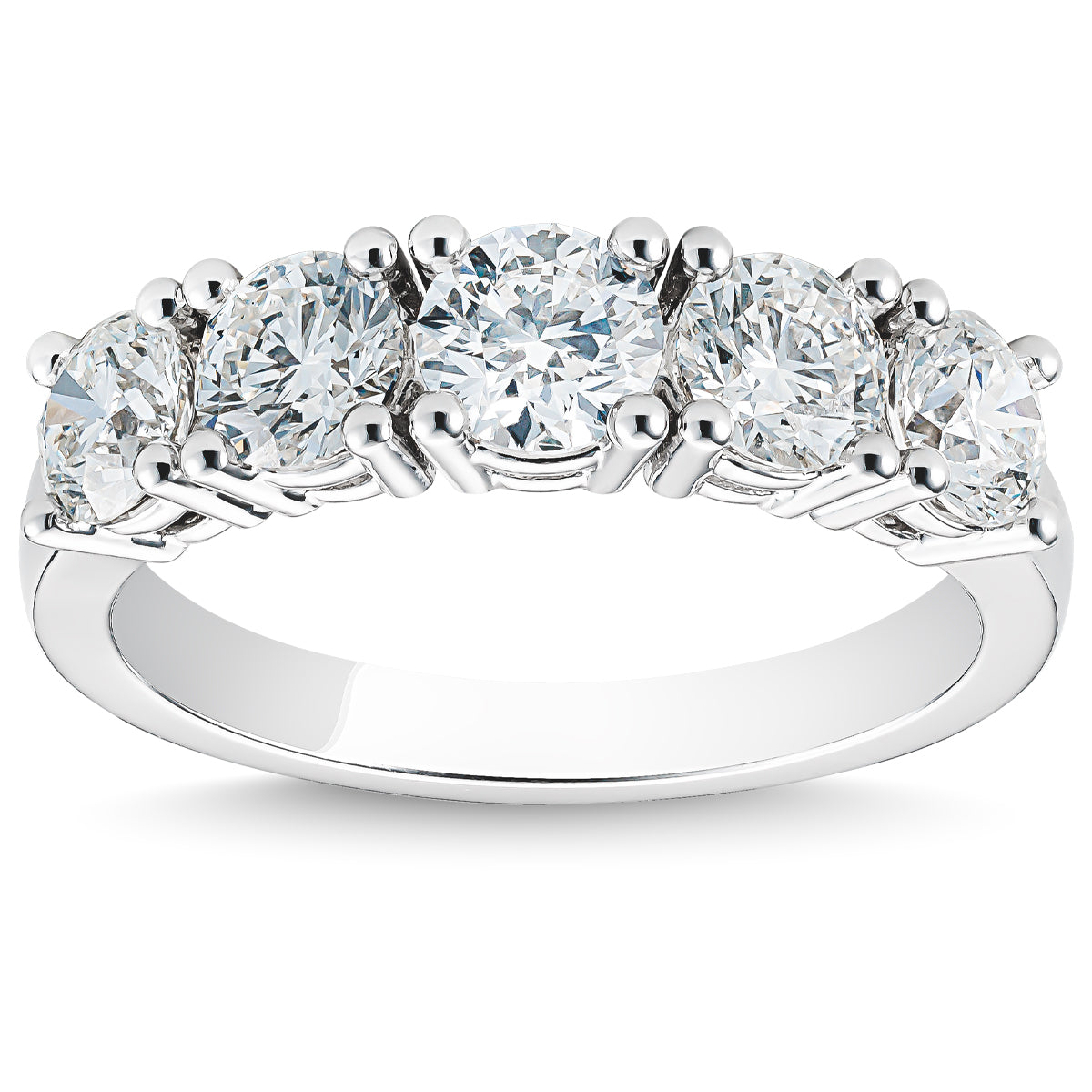 The Raffi&Co.® Signature 14K White Gold Anniversary Ring features five round, brilliant Forevermark diamonds set in a row across the band.