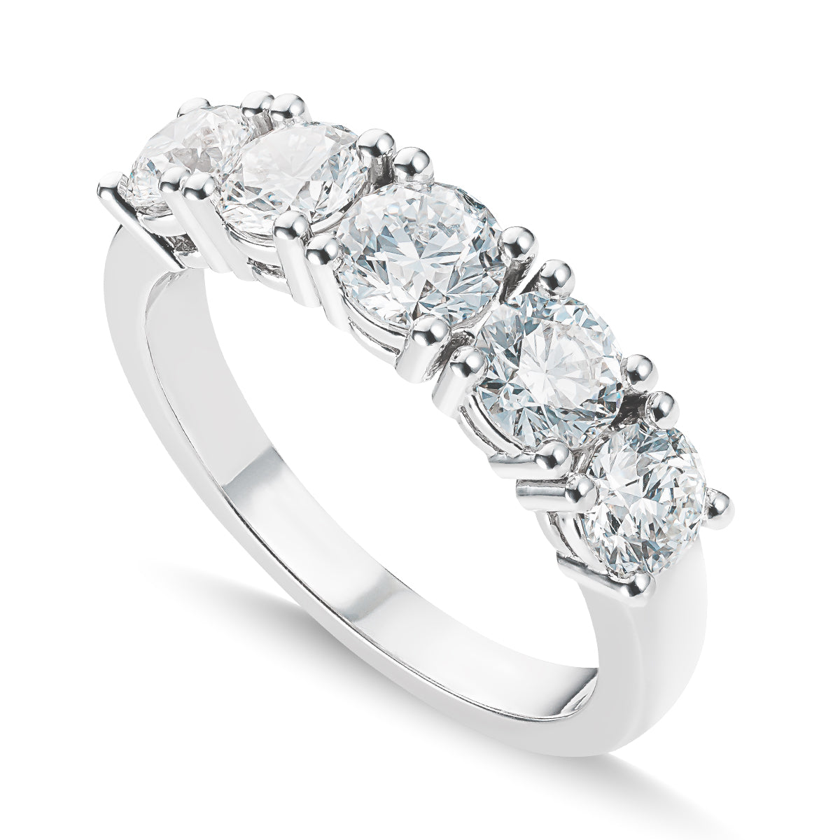 The Raffi&Co. Signature 14K White Gold Round Brilliant Forevermark Diamond Anniversary Ring showcases five large, round-cut diamonds set in a row with prongs on a smooth, polished band for a sparkling and elegant appearance.