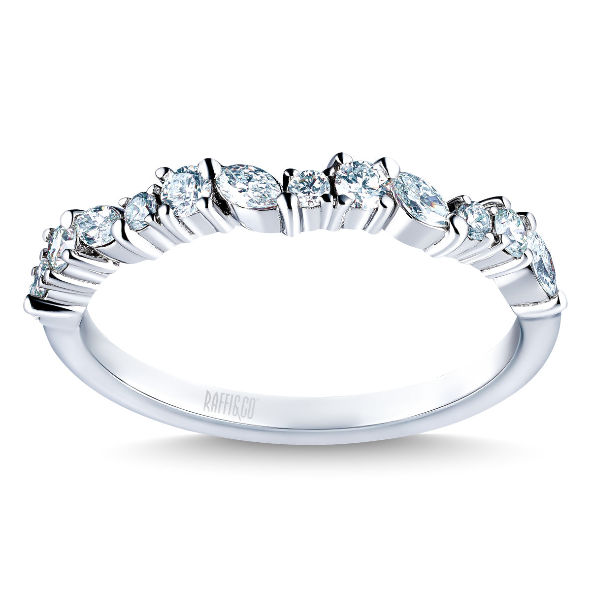 The Raffi&Co.® 14K White Gold Marquise and Round Brilliant Diamond Anniversary Ring features sparkling diamonds elegantly set across the top half of the band.