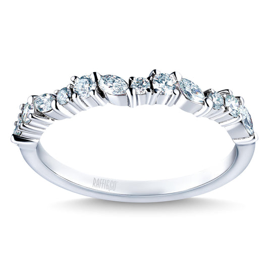 The Raffi&Co.® 14K White Gold Marquise and Round Brilliant Diamond Anniversary Ring features sparkling diamonds elegantly set across the top half of the band.